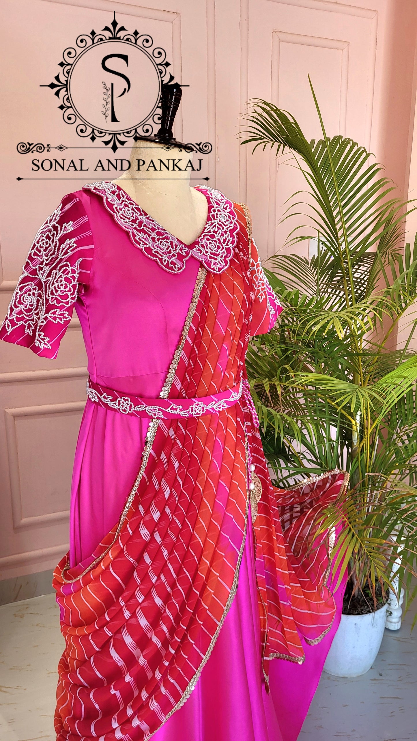 Rani Pink Hand Embroidered Ready To Wear Gown Saree - SA01422