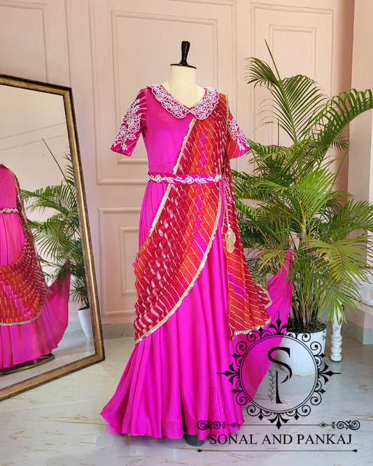 Rani Pink Hand Embroidered Ready To Wear Gown Saree - SA01422