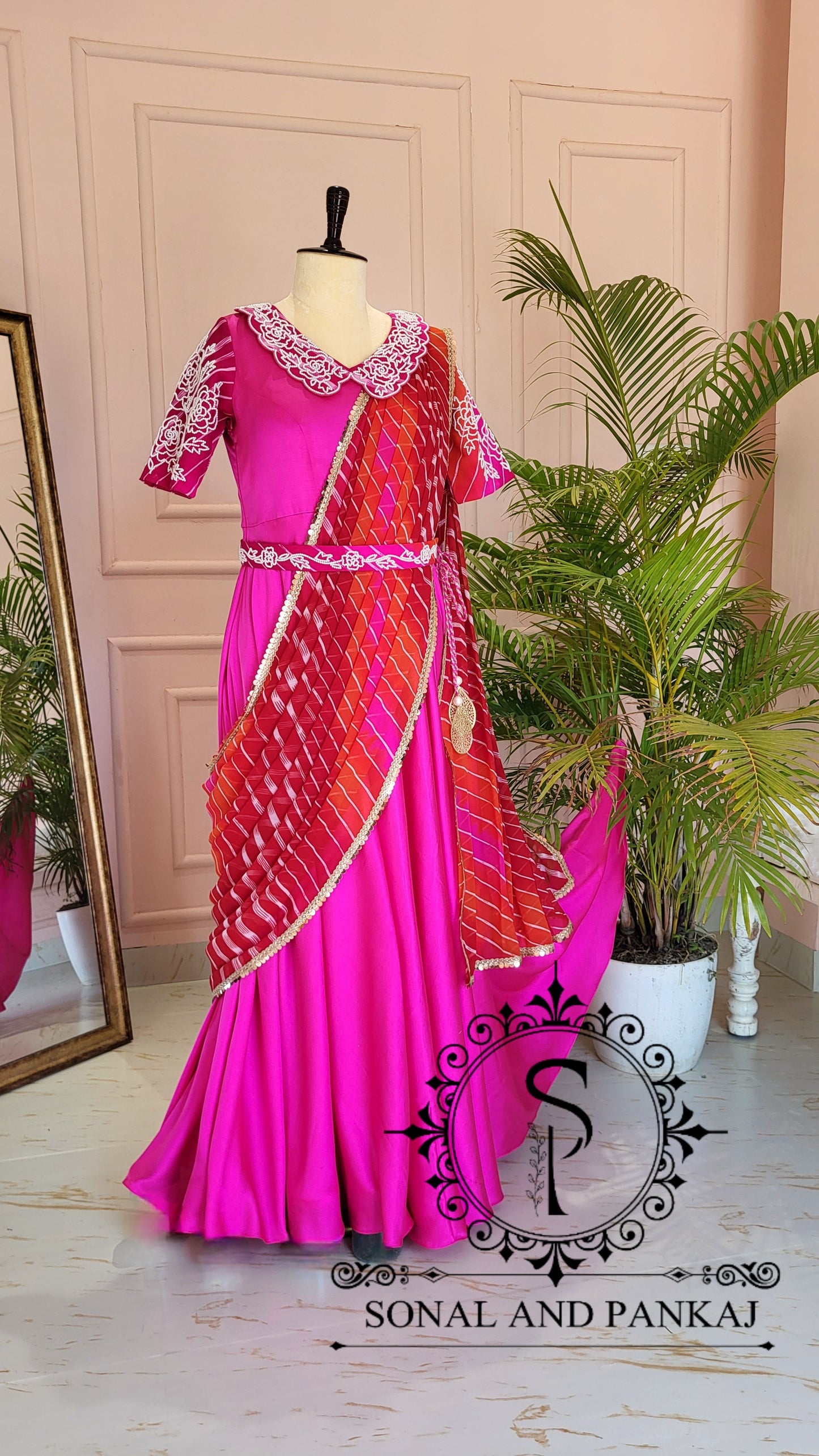 Rani Pink Hand Embroidered Ready To Wear Gown Saree - SA01422