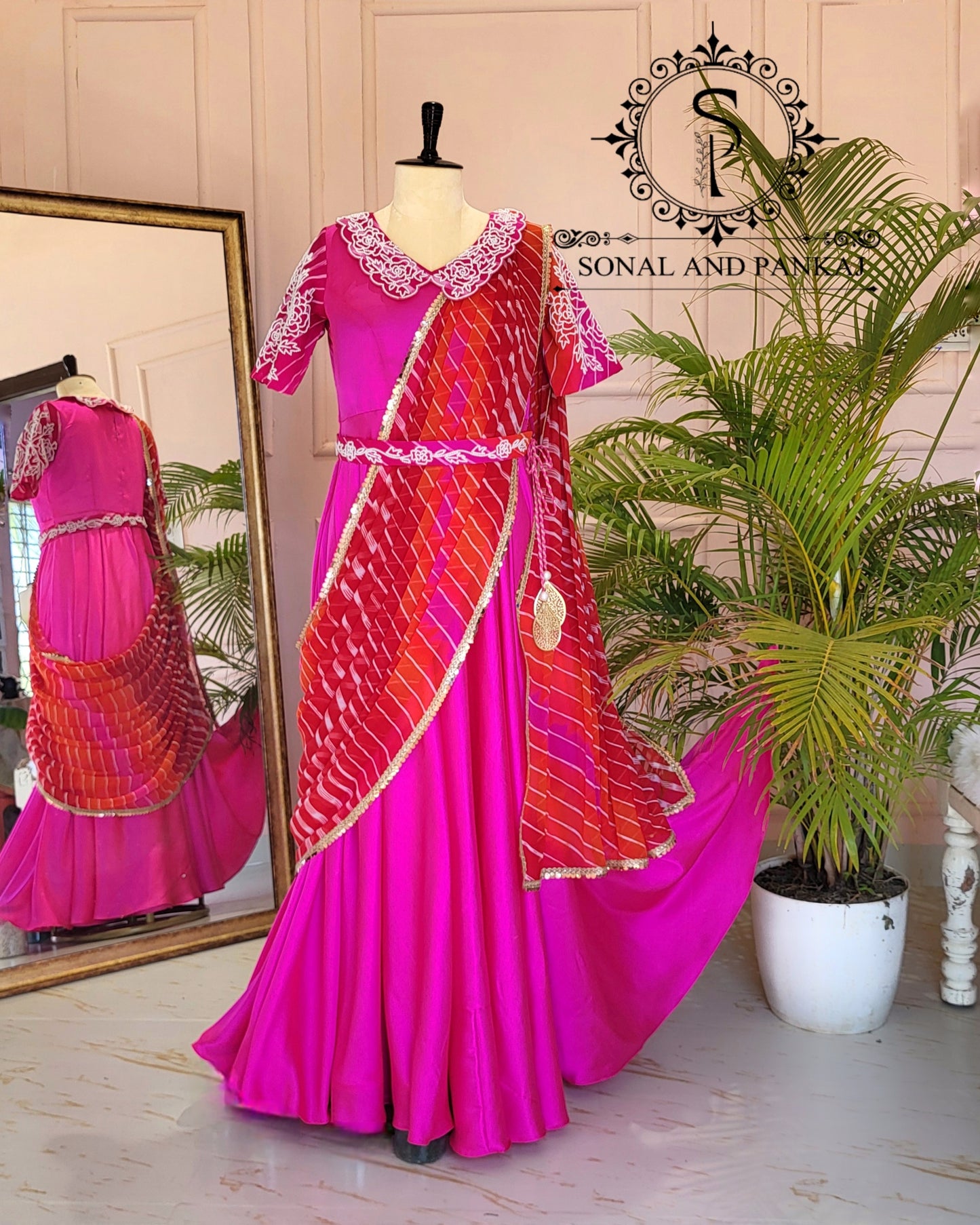 Rani Pink Hand Embroidered Ready To Wear Gown Saree - SA01422