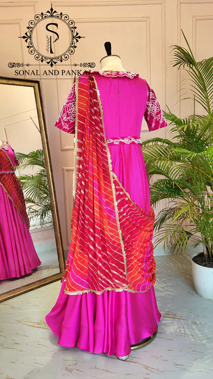 Rani Pink Hand Embroidered Ready To Wear Gown Saree - SA01422