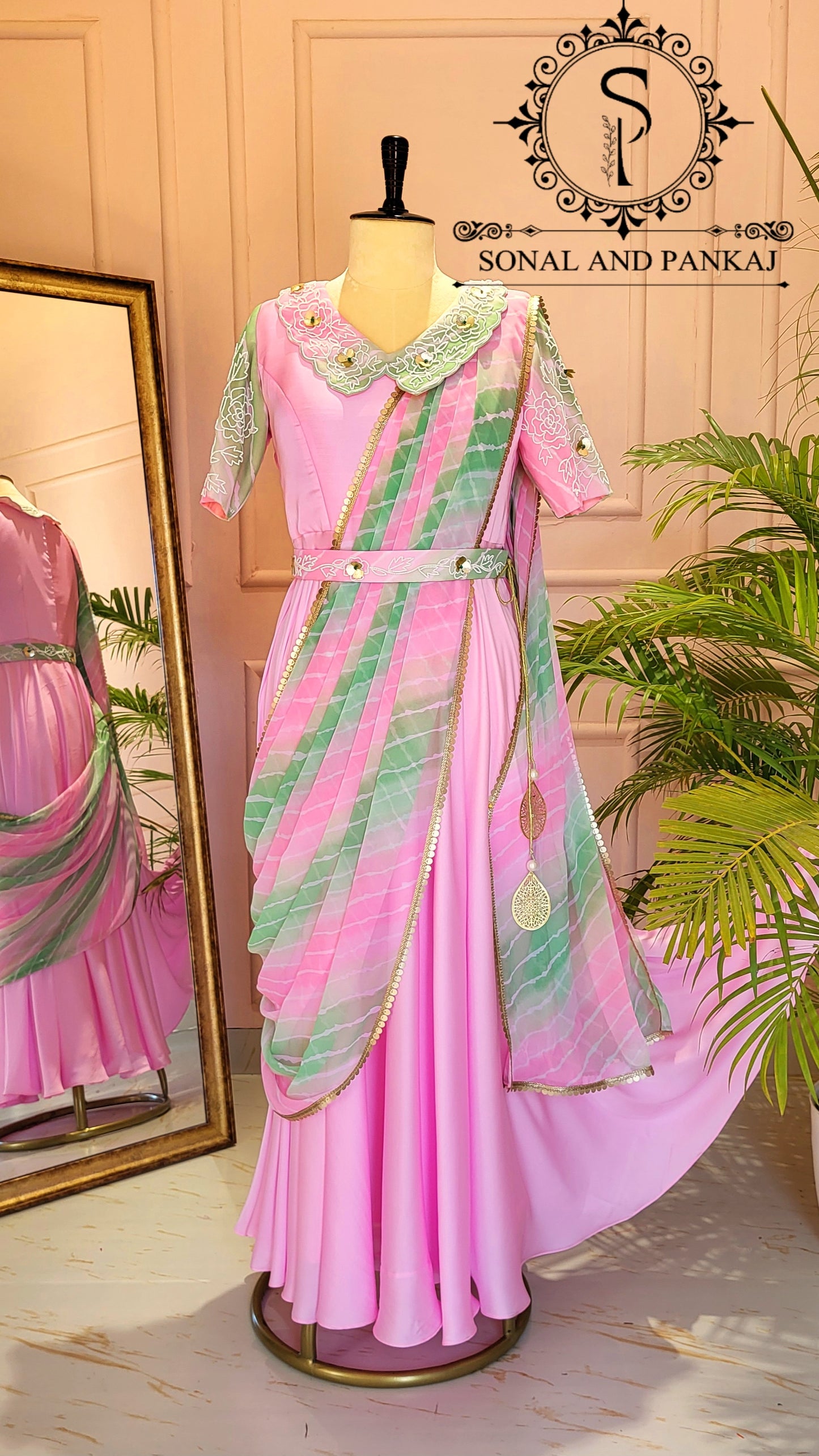 Baby Pink Hand Embroidered Ready To Wear Gown Saree - SA01423