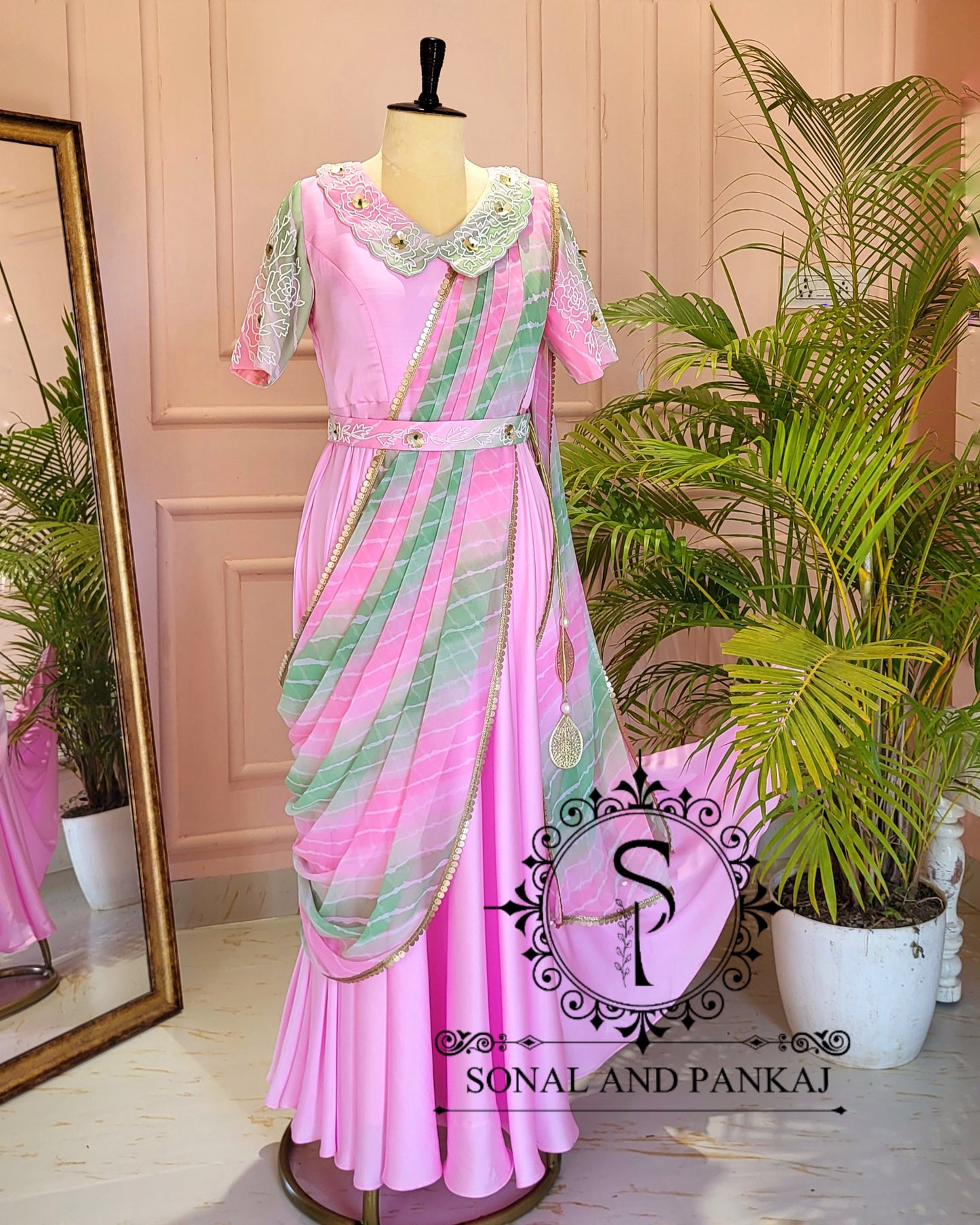 Baby Pink Hand Embroidered Ready To Wear Gown Saree - SA01423