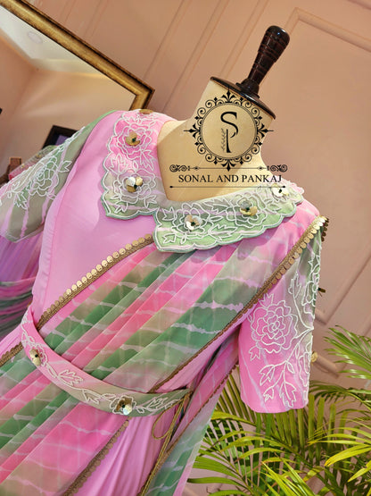 Baby Pink Hand Embroidered Ready To Wear Gown Saree - SA01423