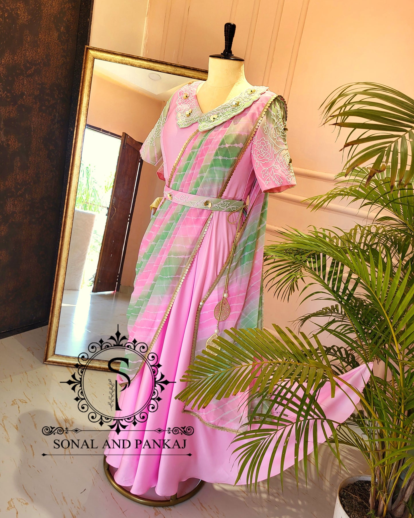 Baby Pink Hand Embroidered Ready To Wear Gown Saree - SA01423