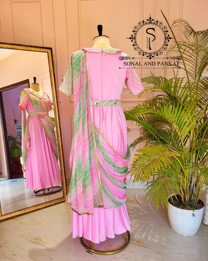 Baby Pink Hand Embroidered Ready To Wear Gown Saree - SA01423