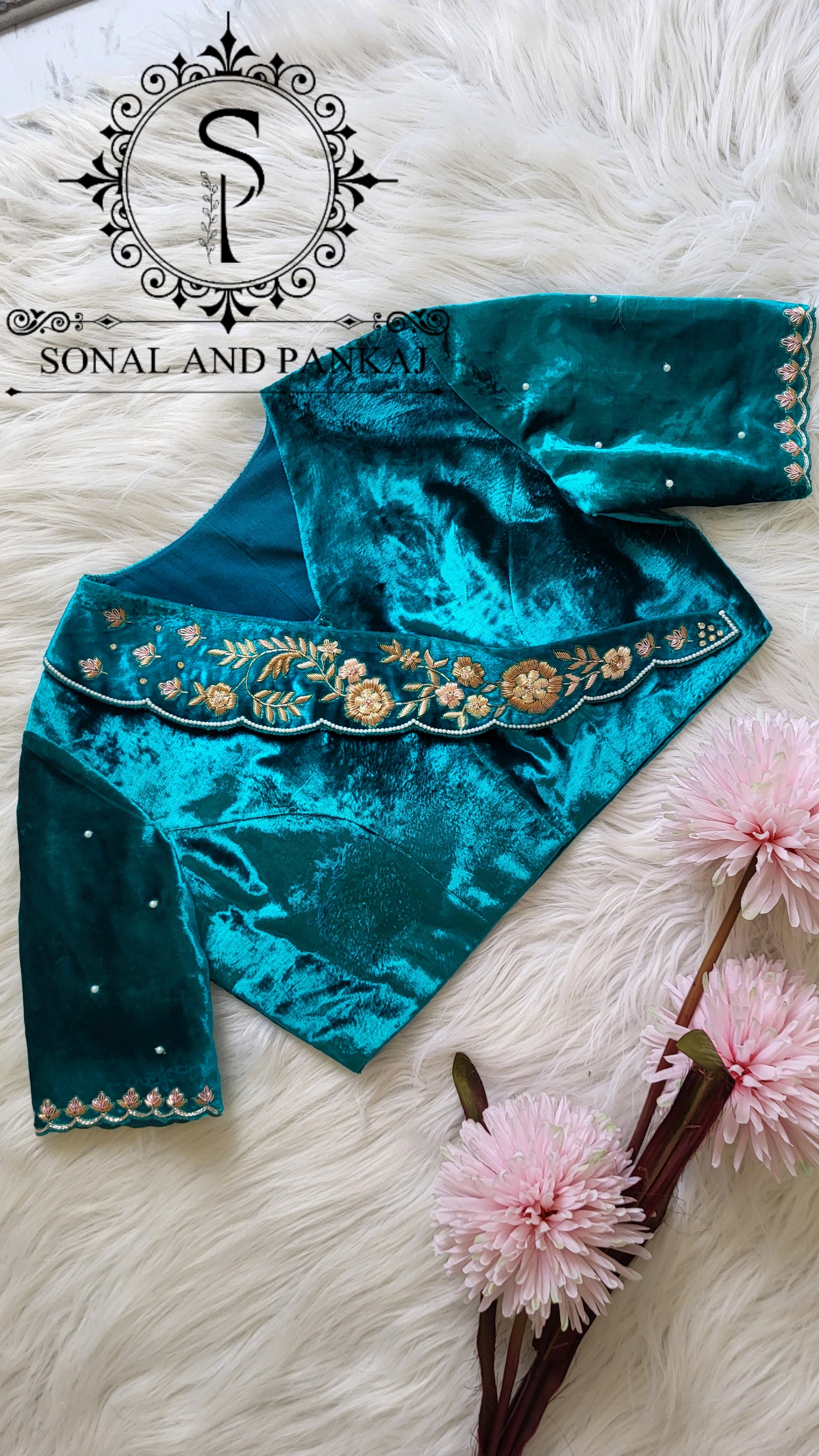 Peacock Blue Velvet Zardozi Hand Embroidered Blouse - BL01510