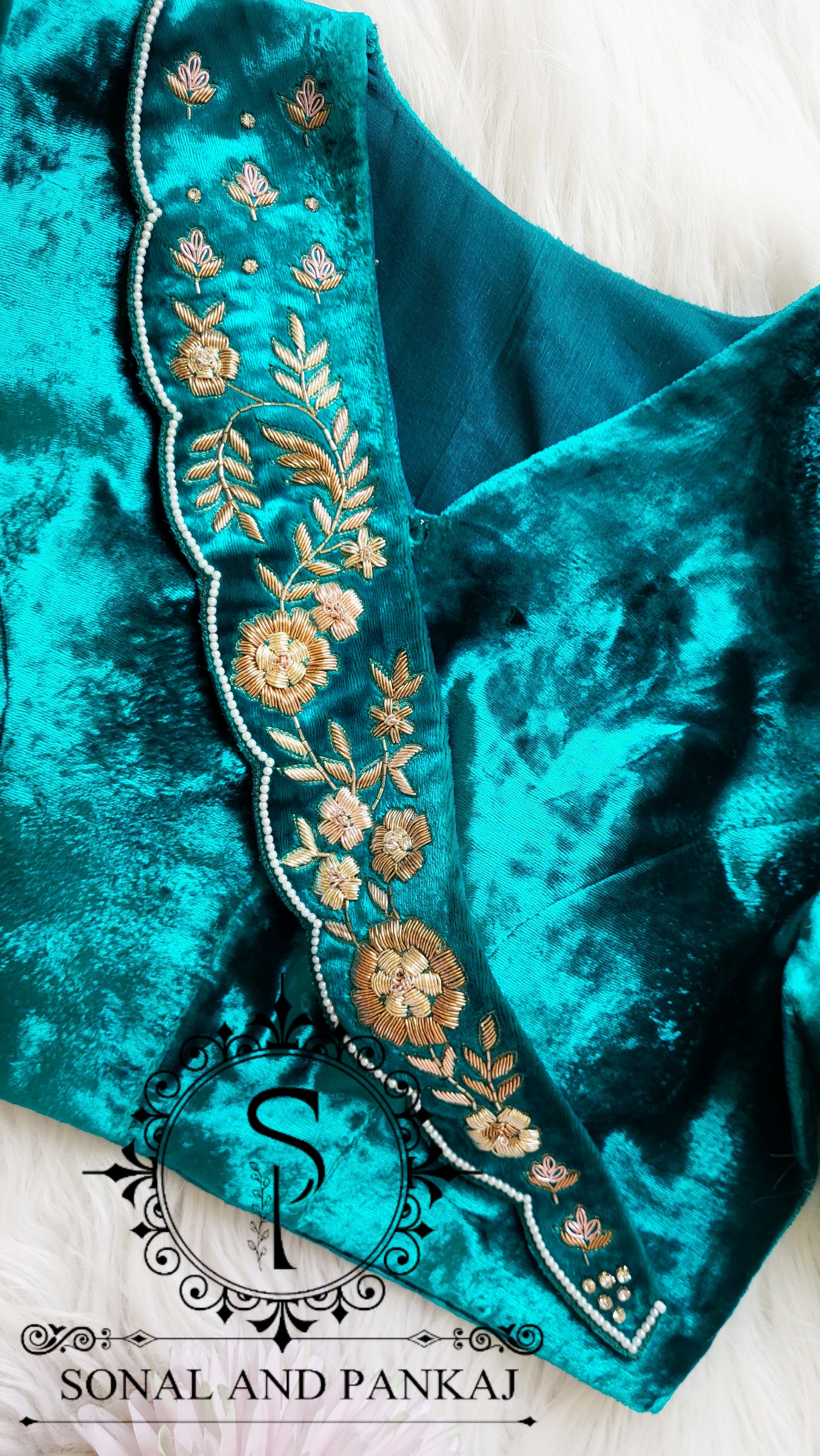 Peacock Blue Velvet Zardozi Hand Embroidered Blouse - BL01510