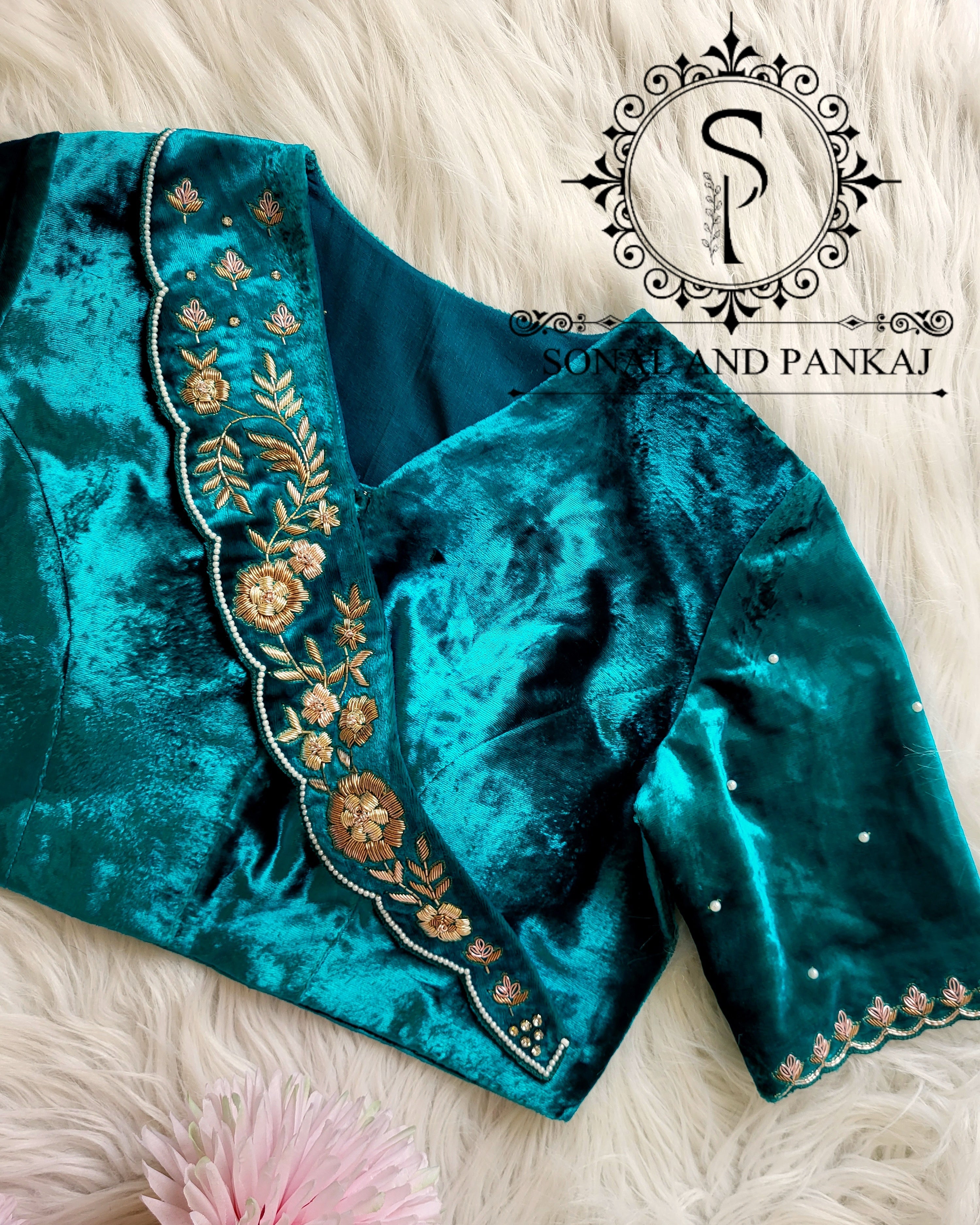 Peacock Blue Velvet Zardozi Hand Embroidered Blouse - BL01510