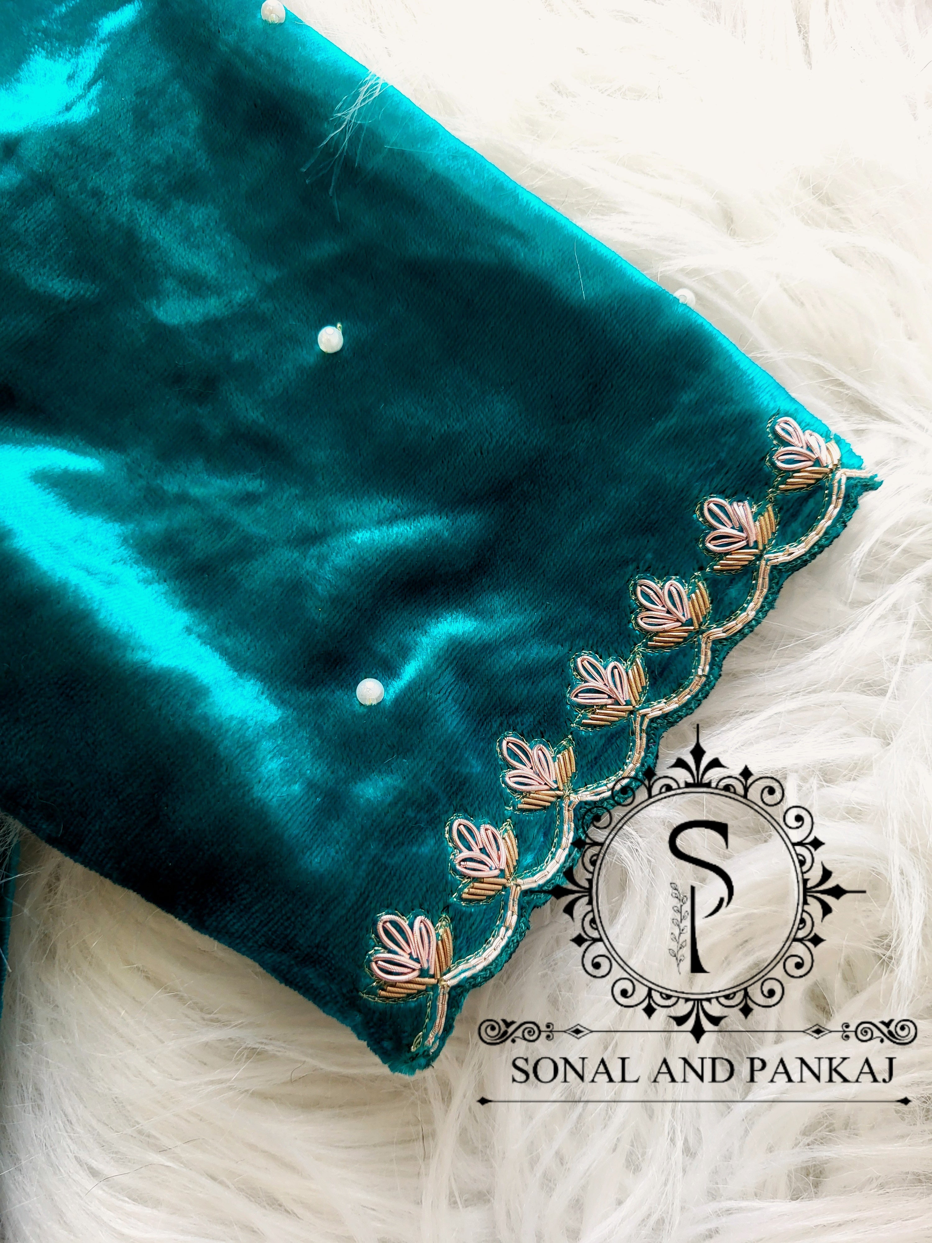 Peacock Blue Velvet Zardozi Hand Embroidered Blouse - BL01510