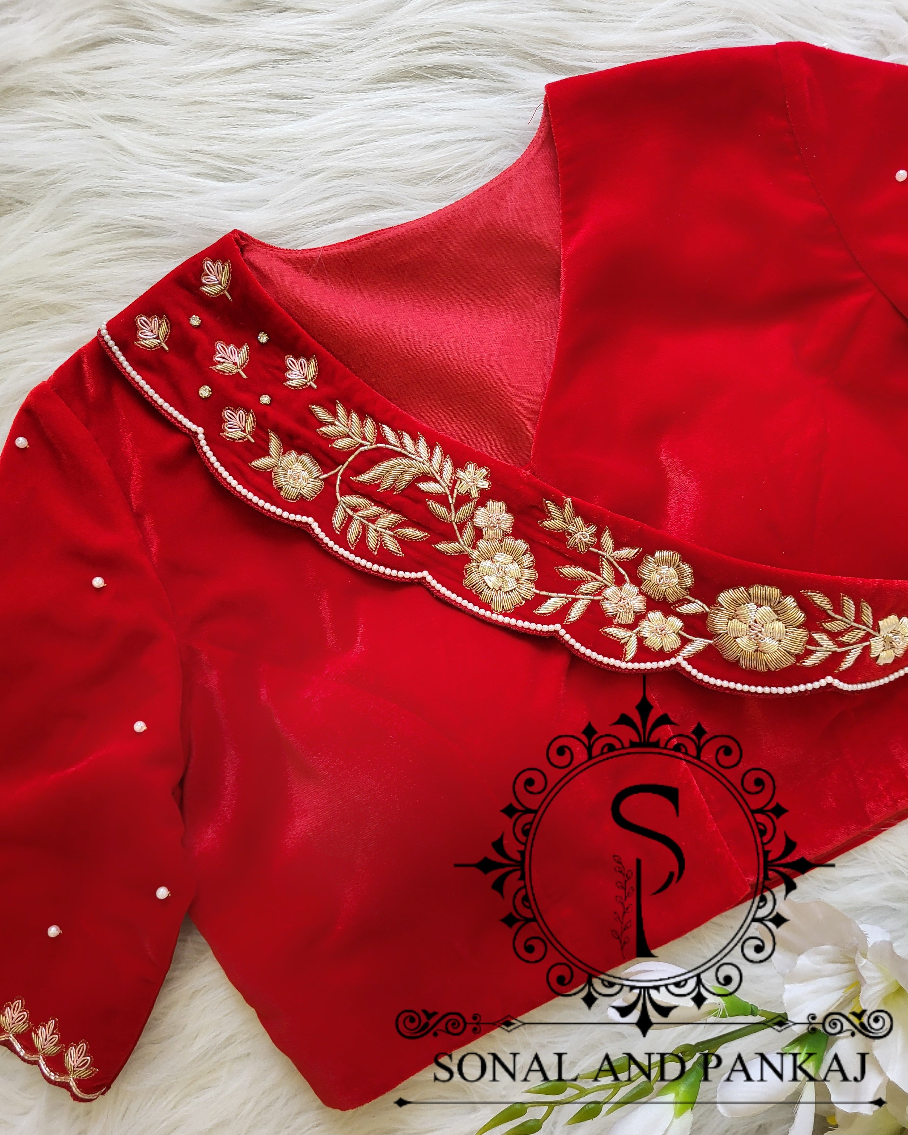 Red Velvet Zardozi Hand Embroidered Blouse - BL01511