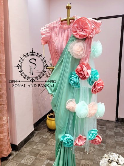 Peach Pleated Blouse With Green Cocktail Saree - SA01308