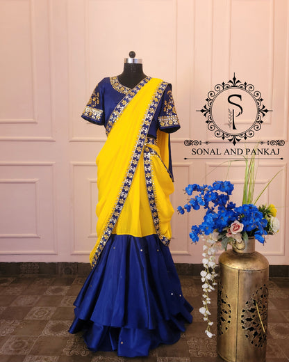 Ready To Drape Blue & Yellow Hand Embroidered Gotta Patti Border Saree - SA01084