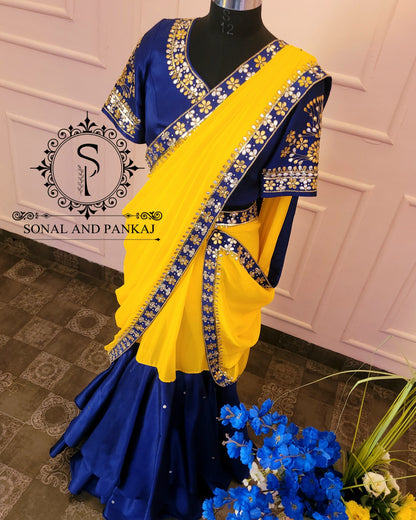 Ready To Drape Blue & Yellow Hand Embroidered Gotta Patti Border Saree - SA01084