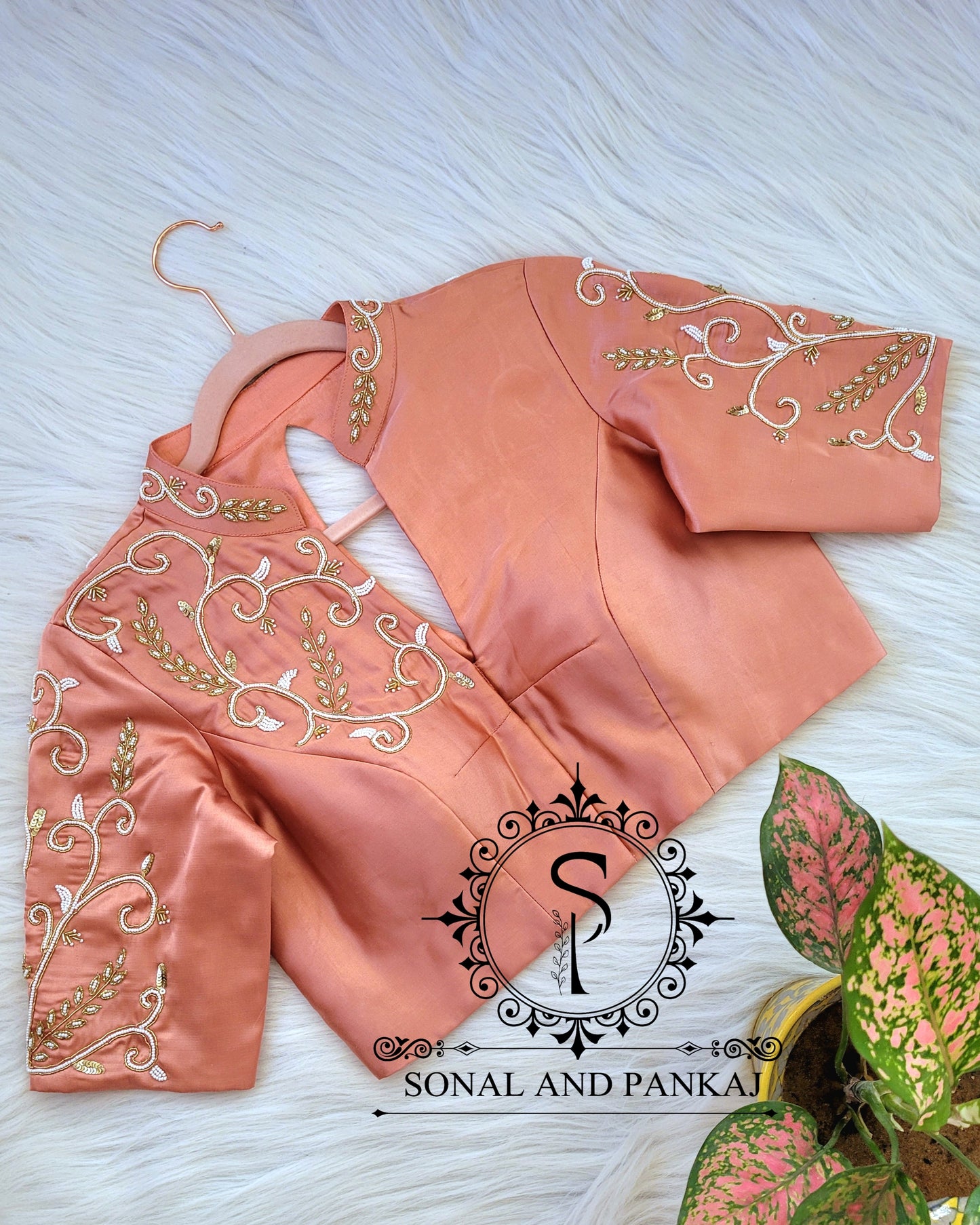 Rusty Peach Hand Embroidered Blouse With Saree - SA01069