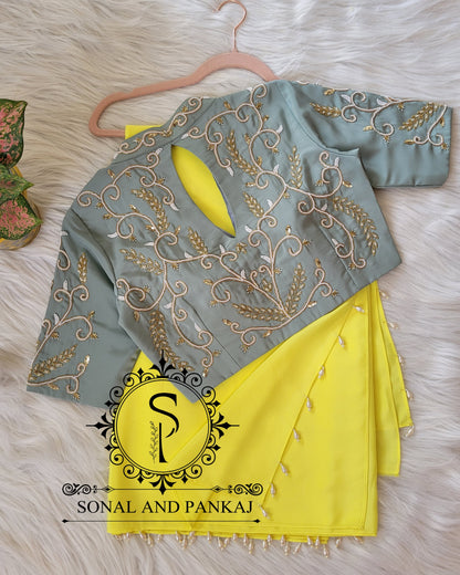 Grey Hand Embroidered Blouse With Lemon Yellow Saree - SA01066