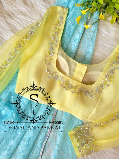 Organza Hand Embroidered Yellow Blouse With Lacy Floral Saree - SA01067