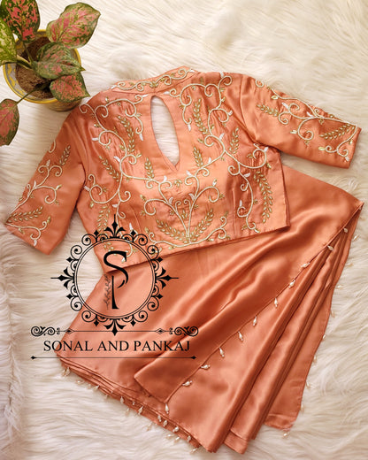 Rusty Peach Hand Embroidered Blouse With Saree - SA01069