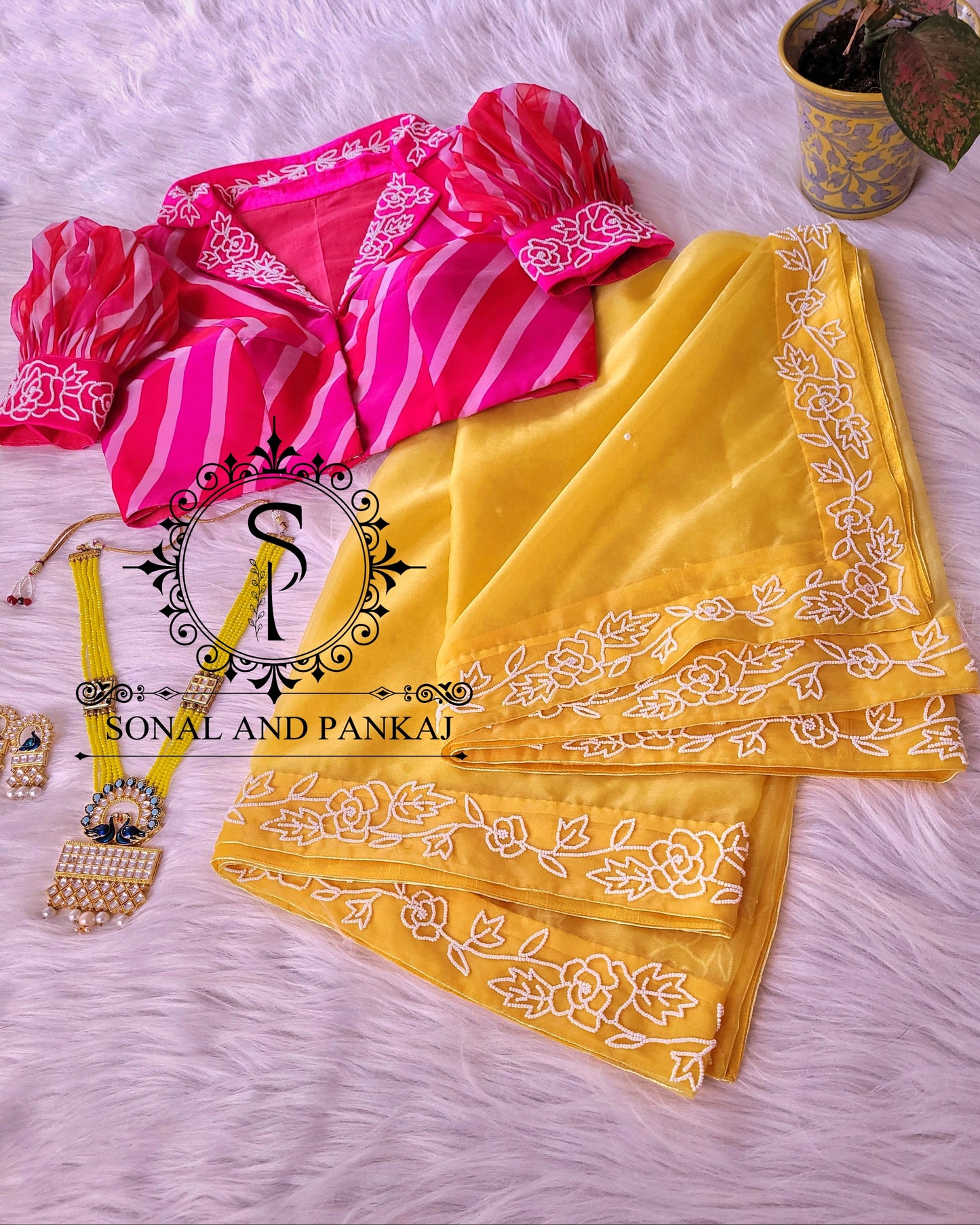 Yellow Organza Hand Embroidered Saree & Leheriya Blouse - SA01082