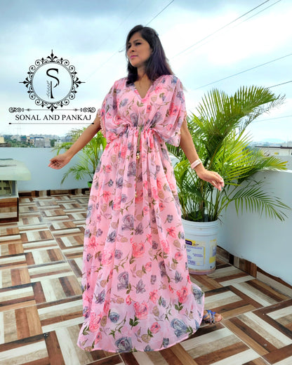 Pink Floral Print Resort Wear Kaftan - RW01096