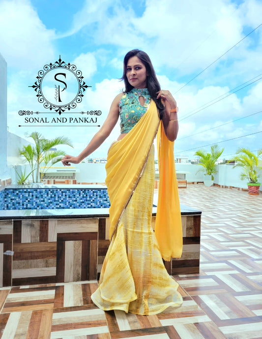 Designer Embroidered Blouse With Shaded Ready To Drape Saree - SAMPLE01111