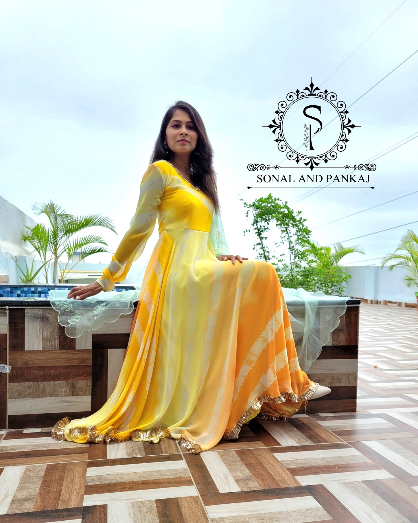 Shaded Yellow Leheriya Print Floor Length Dress With Duppatta - FL01113