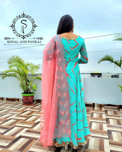 Sea Green Leheriya Print Floor Length Dress With Duppatta - FL01115