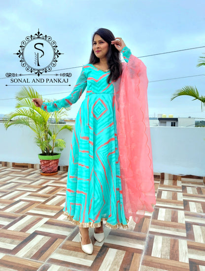 Sea Green Leheriya Print Floor Length Dress With Duppatta - RTSFL01115