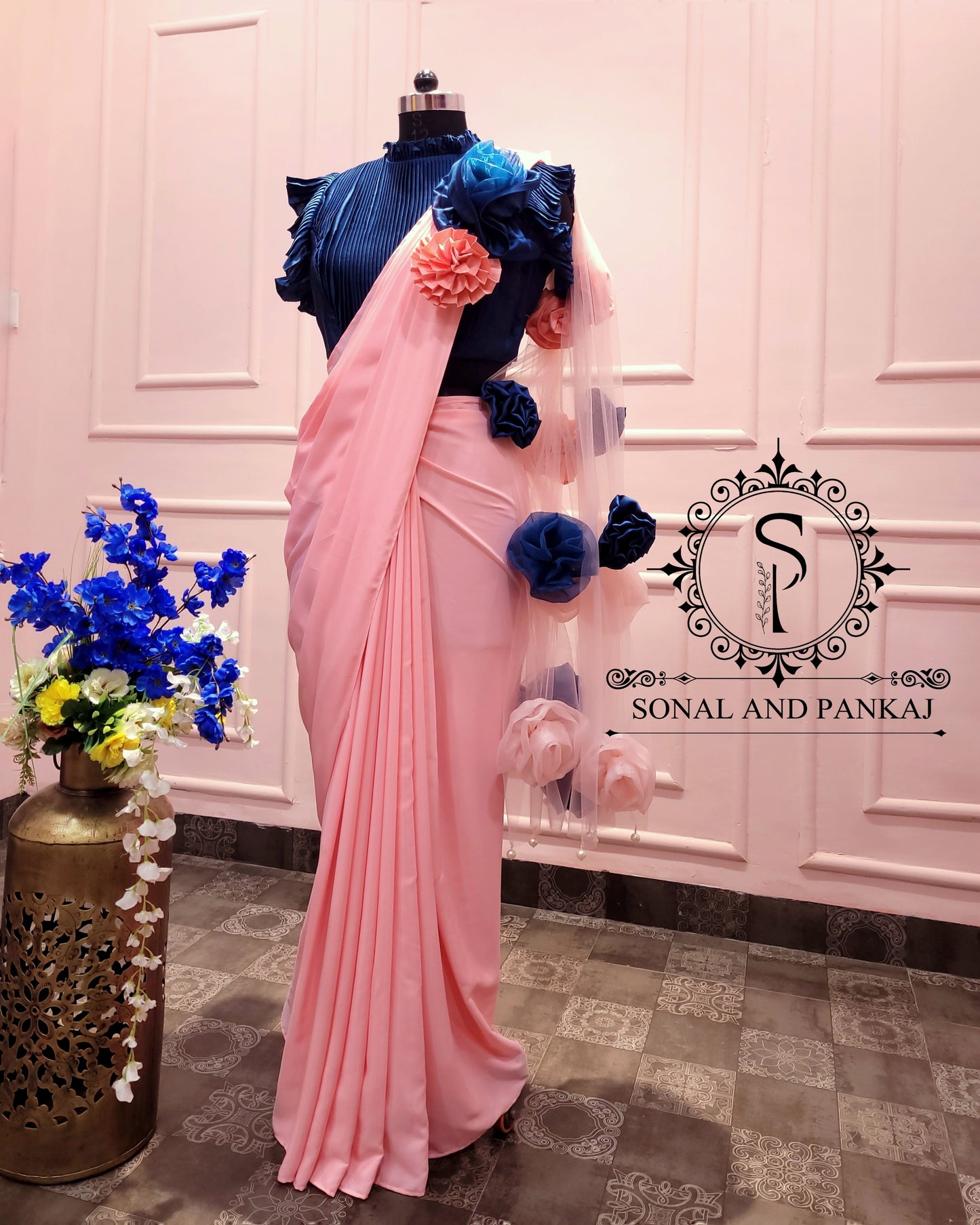 Peacock Blue Pleated Blouse With Peach Ready To Drape Saree - SA01726