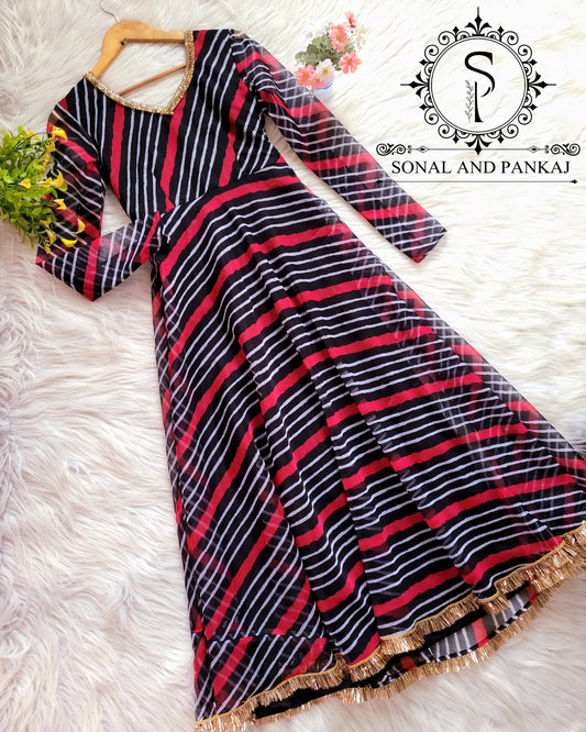 Black & Red Leheriya Print Floor Length Dress - FL01125