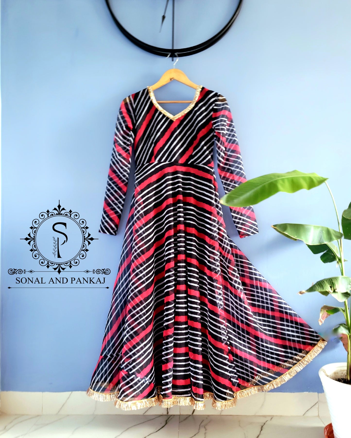 Black & Red Leheriya Print Floor Length Dress - FL01125
