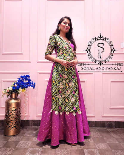 Purple & Green Indowestern Floor Length Dress - FL01135