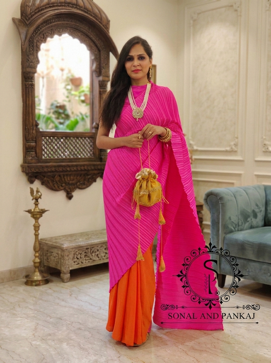 Hot Pink Pleated Palloo Saree - SA01645