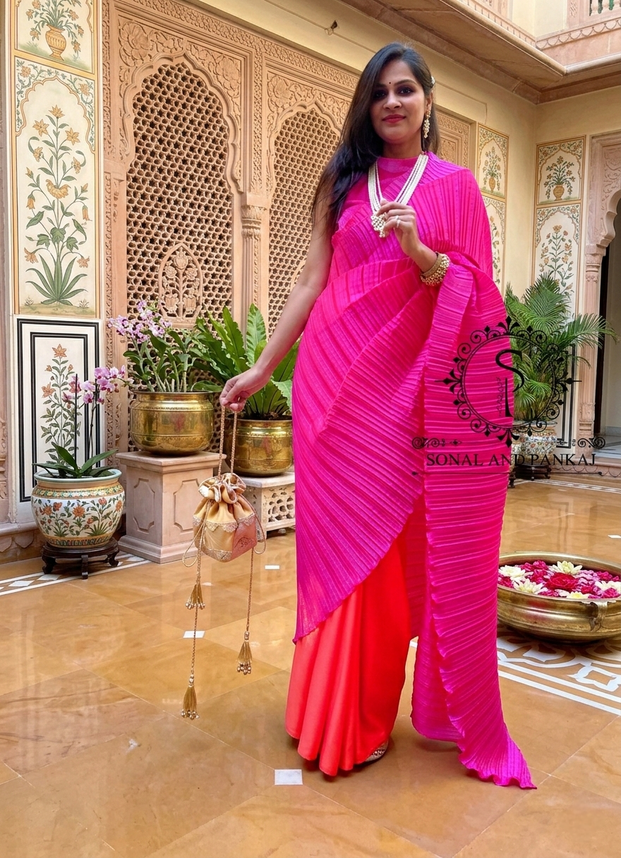Hot Pink Pleated Palloo Saree - SA01645