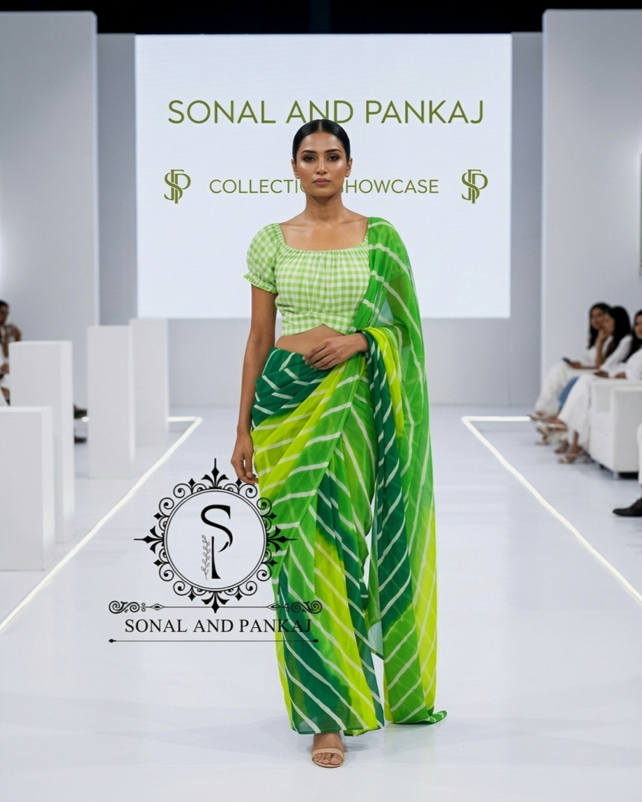 Green Checkered Top & Shaded Green Leheriya Saree - SA01646