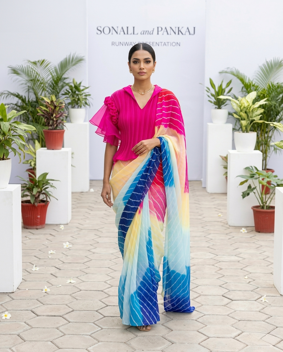 Pleated Rose Stretchable Top With Multicolor Leheriya Print Saree - SA01652