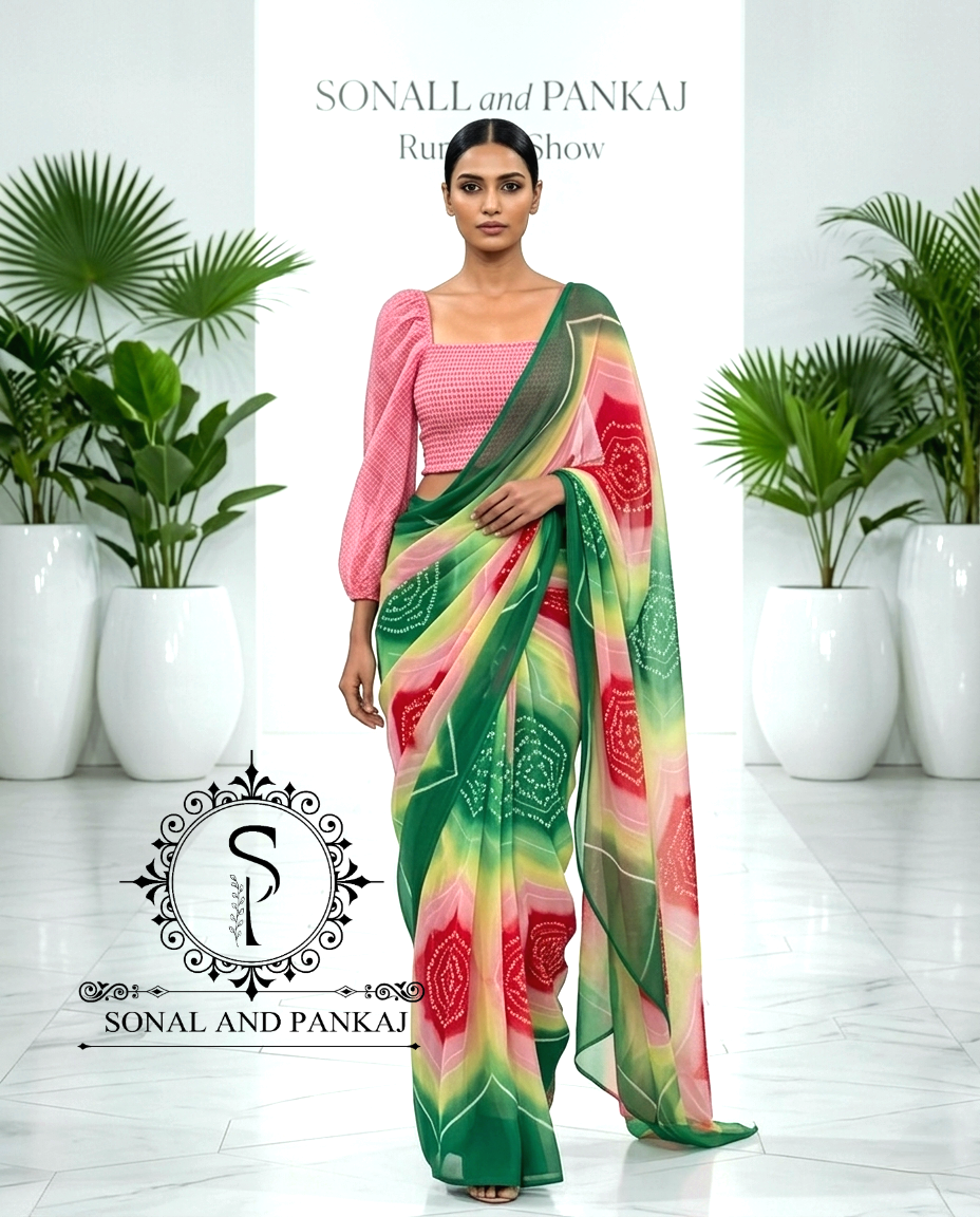 Peach Smocking Top & Multicolor Bandhani Print Saree - SA01649 (Green)