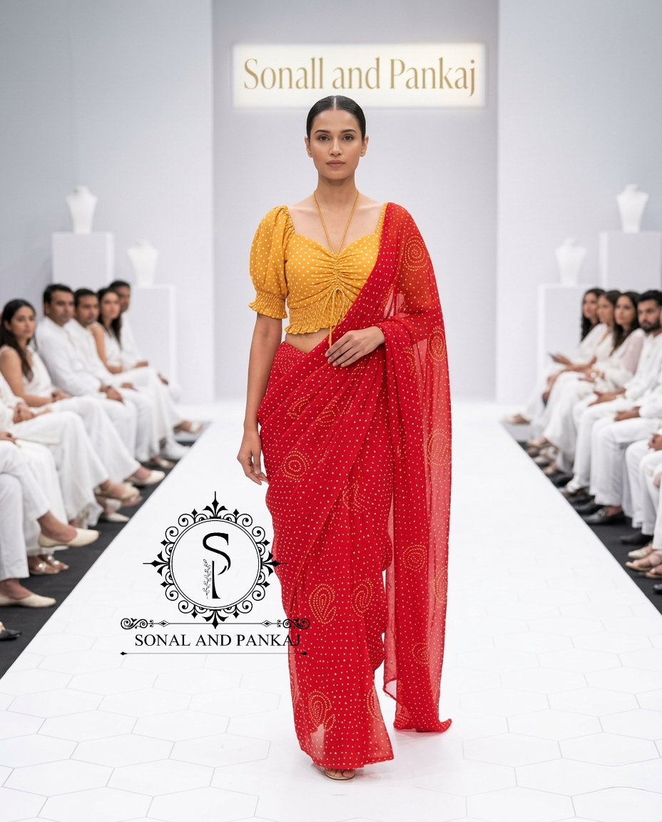 Yellow Polka Dots Puffed Sleeves Smocking Top & Red Bandhani Saree - SA01673