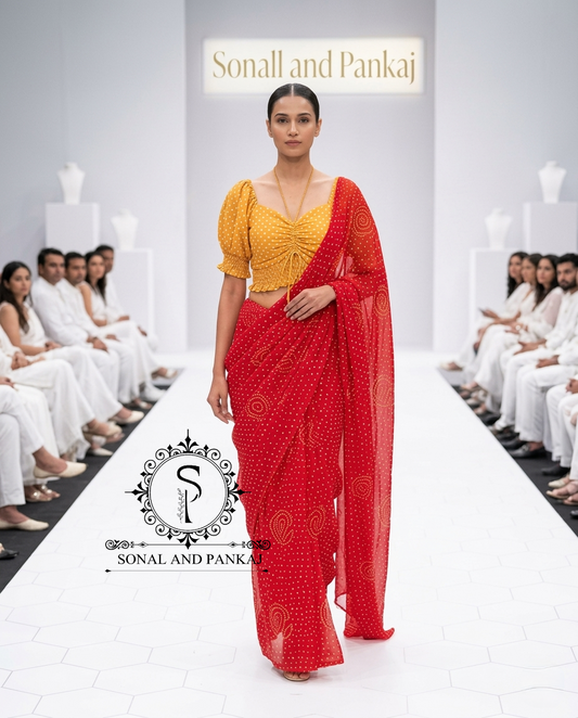 Yellow Polka Dots Puffed Sleeves Smocking Top & Red Bandhani Saree - SA01673