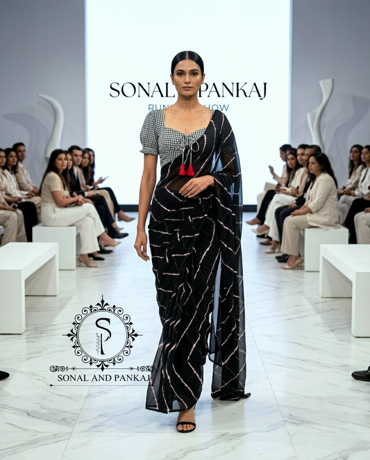 Black Checkered Smocking Top & Black Leheriya Saree - SA01671