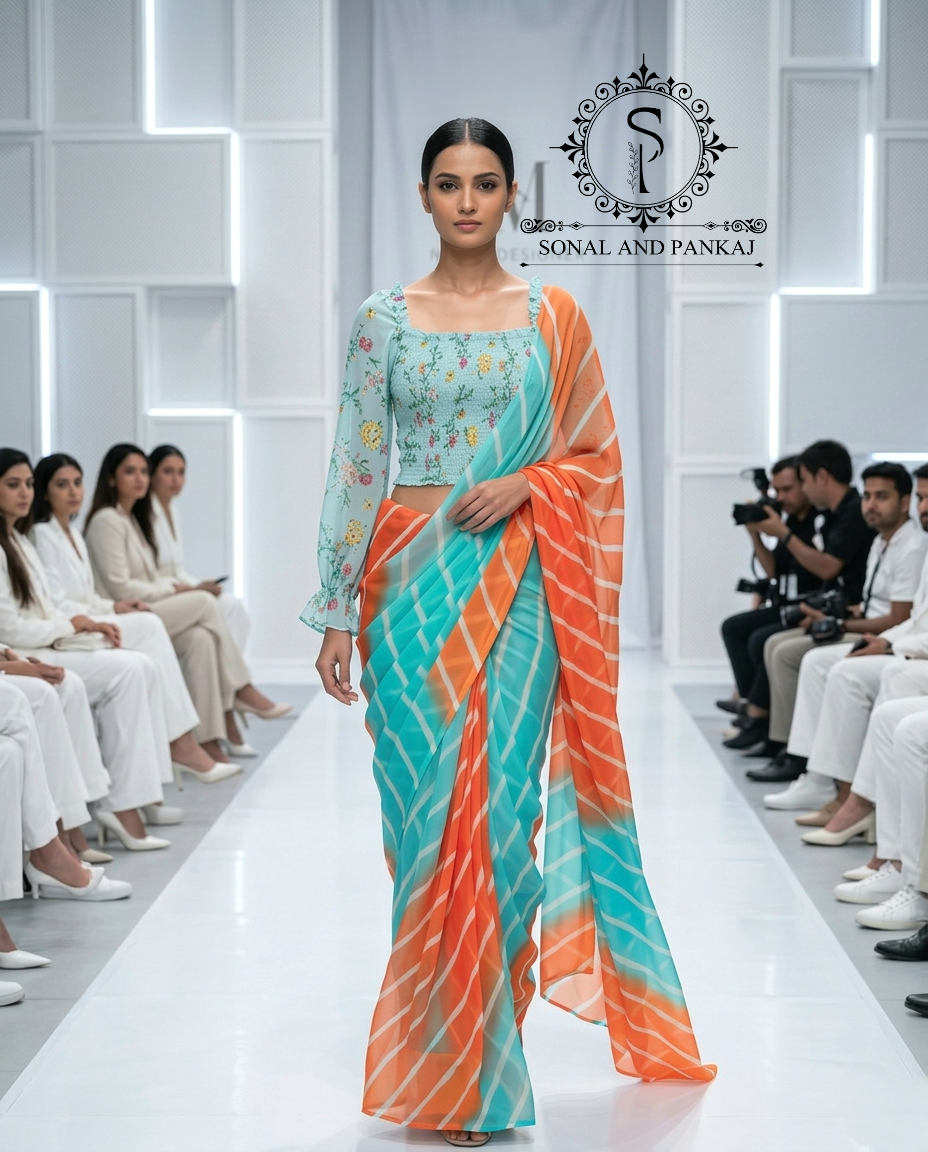 Turquoise Blue Floral Print Smocking Top & Orange & Blue Leheriya Saree - SA01669