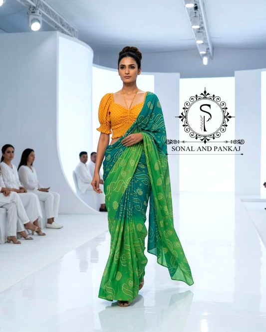Yellow Polka Dots Puffed Sleeves Smocking Top & Shaded Green Bandhani Saree - SA01674