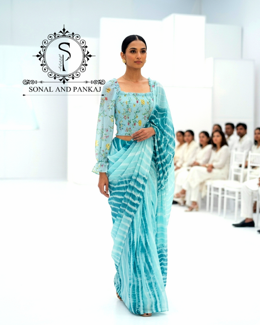 Turquoise Blue Floral Print Smocking Top & Shaded Leheriya Saree - SA01668