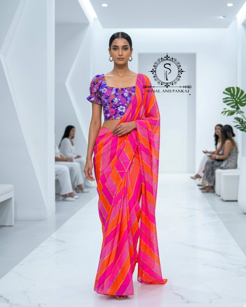 Purple Floral Print Puffed Sleeves Smocking Top & Pink & Orange Leheriya Saree - SA01665