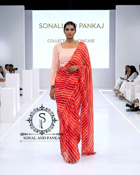 Peach Smocking Top & Shaded Red Leheriya Saree - SA01675