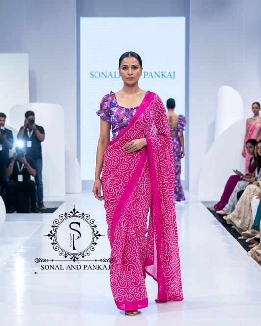 Purple Floral Print Puffed Sleeves Smocking Top & Pink Bandhani Saree - SA01672