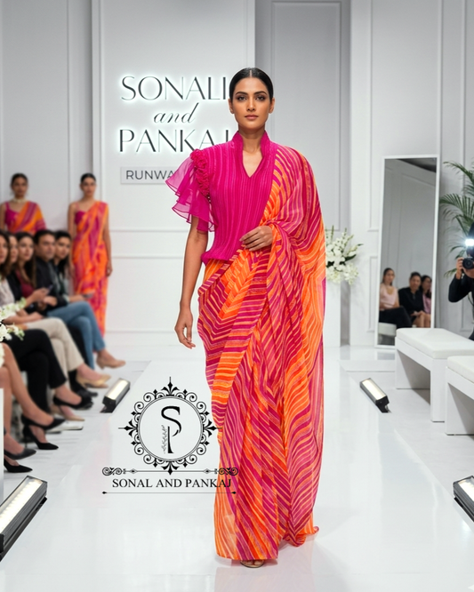 Pleated Rose Stretchable Top With Pink & Orange Leheriya Print Saree - SA01681