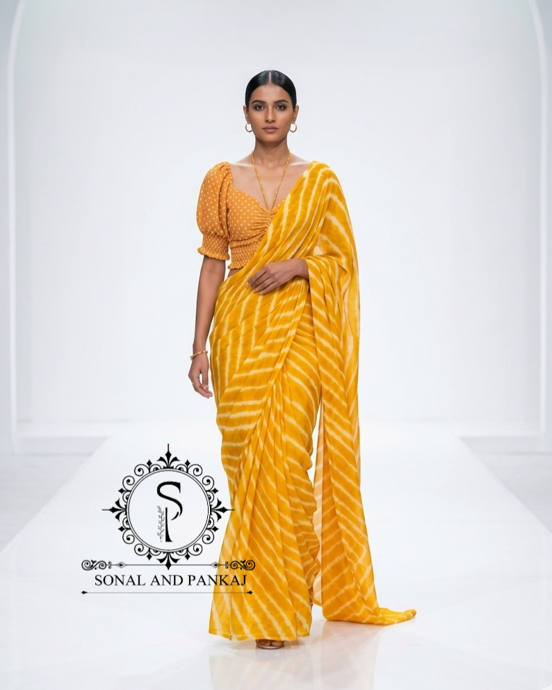 Yellow Polka Dots Puffed Sleeves Smocking Top & Yellow Leheriya Saree - SA01679