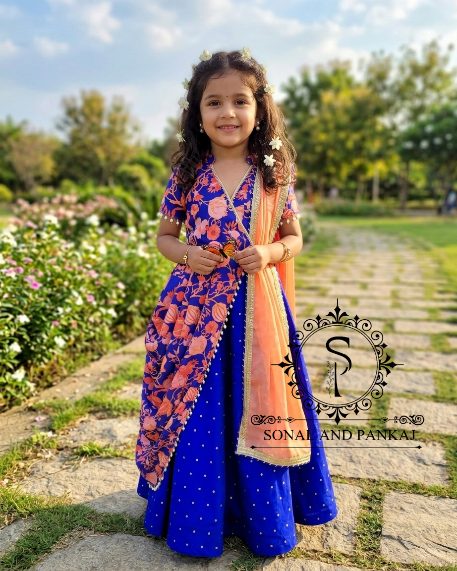 Blossom Bloom - Royal Blue Angarakkha Jacket Style Cowl Top With Beautiful Lehenga & Duppatta On Sale - KD01692