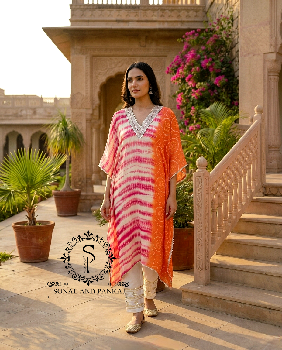 Bandhani & Shibori Print Kaftan Co-ord Set On Sale - KC01709